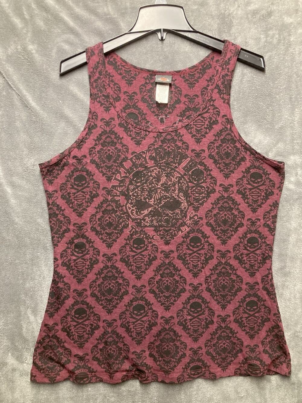 Y2K Harley Davidson Woman Tank Top 2X Damask Skull AOP Maroon Goth Grunge Moto